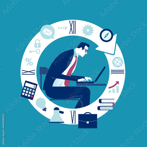 Working 24-7. Work all day. Overworked, work stress concept illustration. 