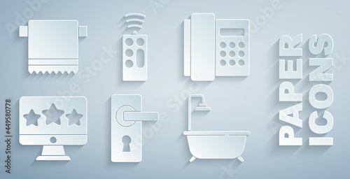 Set Door handle, Telephone handset, Five stars rating review, Bathtub with shower, Remote control and Towel hanger icon. Vector