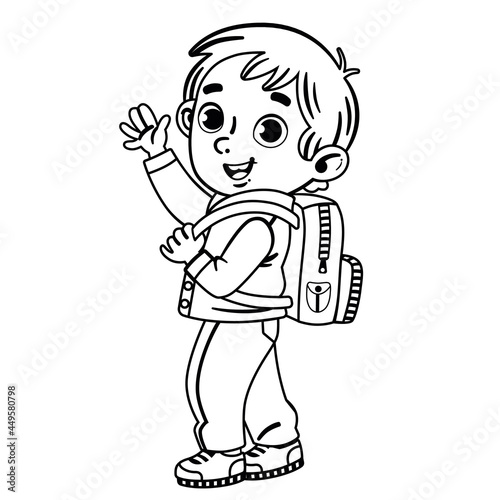 Back to school concept, a little boy with a backpack looks at us and waves his hand and smiling. Black and white vector illustration.
