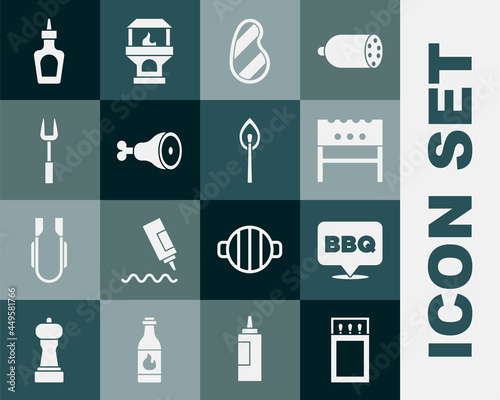 Set Matchbox and matches, Barbecue, BBQ brazier, Steak meat, Chicken leg, fork, Sauce bottle and Burning with fire icon. Vector
