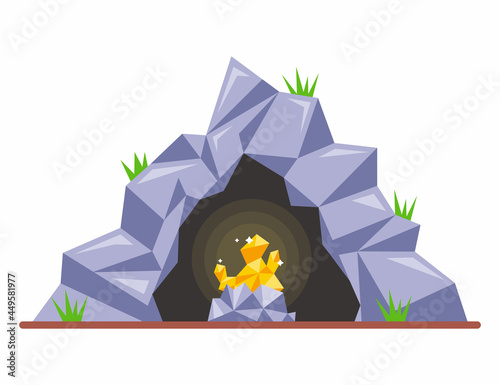 gold nugget in a dark cave. flat vector illustration