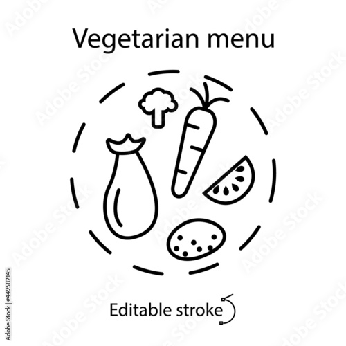School meal concept outline concept icon. Vegetable menu. Editable stroke. Isolated vector stock illustration