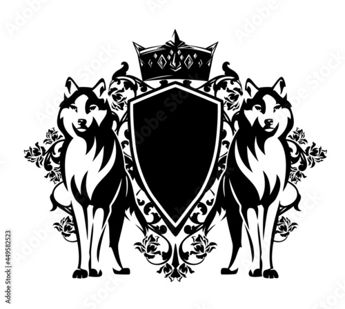 pair of standing wolves with heraldic shield and royal crown - medieval style fantasy coat of arms black and white vector silhouette design