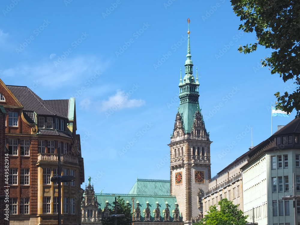 Historic town hall in the city of Hamburg with blue sky
