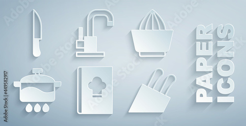 Set Cookbook, Citrus fruit juicer, Cooking pot, Knife, Water tap and icon. Vector