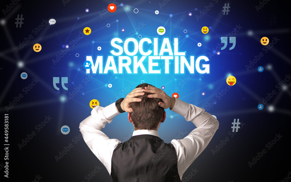 Rear view of a businessman, social media concept Rear view of a businessman, social media concept