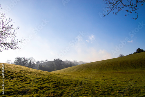 Rolling green hills with morning dew evaporating photo