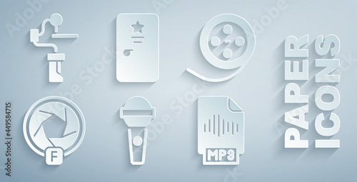 Set Microphone, Film reel, Camera shutter, MP3 file document, Backstage and Gimbal stabilizer for camera icon. Vector