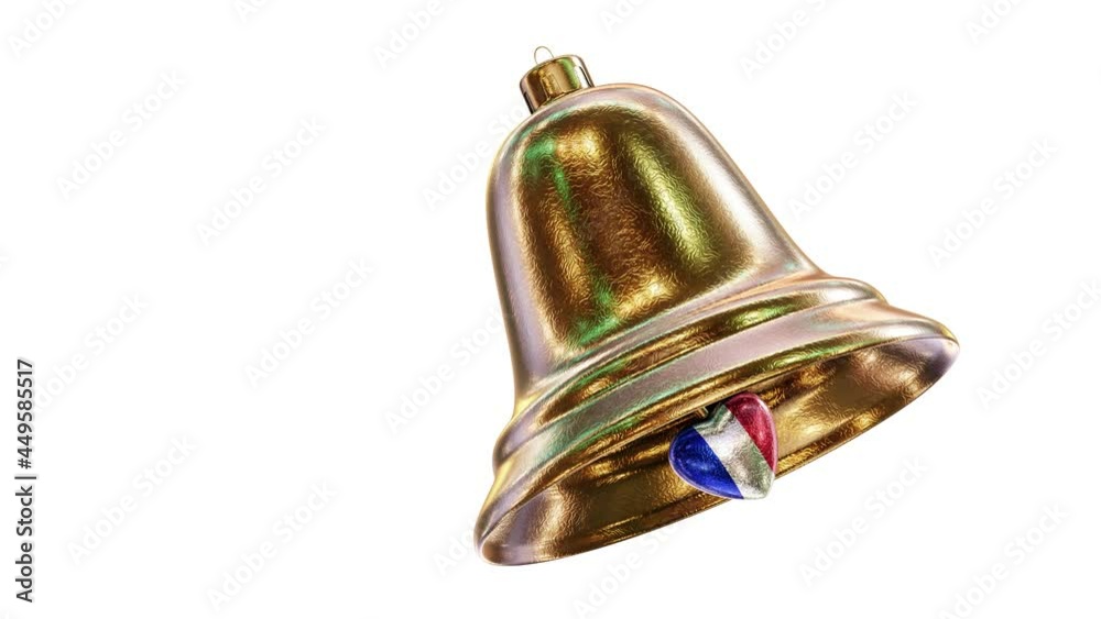 Realistic looping 3D animation of the fancy golden textured Christmas bell with France national flag bell clapper rendered in UHD with alpha matte Realistic looping 3D animation of the fancy golden textured Christmas bell with France national flag bell clapper rendered in UHD with alpha matte