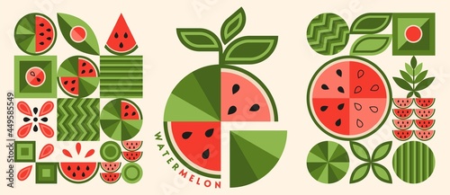 Set of watermelon elements and logo in simple geometric forms. Abstract shapes. Good for decoration of food package, cover design, decorative print, background.