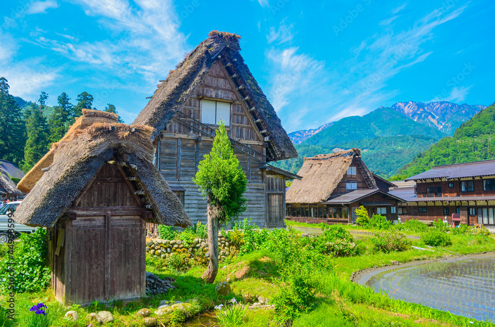 A house in historical villages of Shirakawa-go. Village of traditional Gassho Zukuri style Houses in Gifu Prefecture, Japan. A UNESCO World Heritage site. A house in historical villages of Shirakawa-go. Village of traditional Gassho Zukuri style Houses in Gifu Prefecture, Japan. A UNESCO World Heritage site.