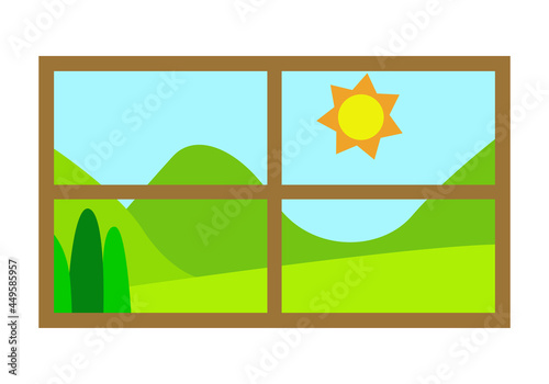 Paisaje primaveral y veraniego visto a través de una ventana.