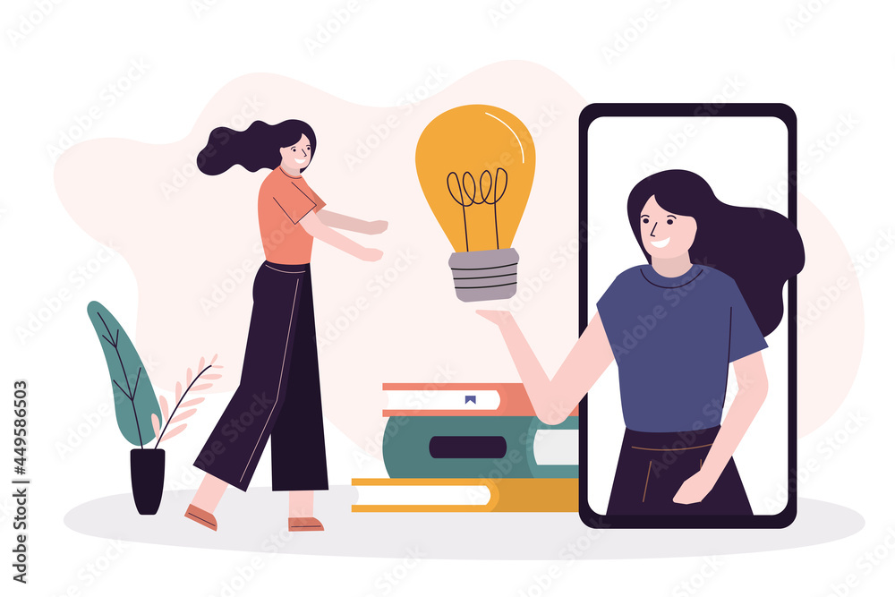 Fototapeta premium Woman offers student idea of online learning. Female character holding big light bulb