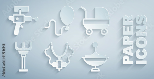 Set Slingshot, Baby stroller, Rake toy, Whirligig, Balloons and Ray gun icon. Vector