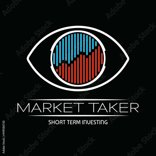 Logo for investment company. Flat logo of a glaring eye with colored lines depicting a ‘bullish’ line chart, with ‘Market Taker’ logo text below and ‘Short Term Investing’ as tagline lower.EPS8 file.