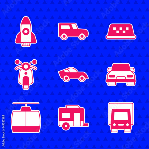 Set Car, Rv Camping trailer, Delivery cargo truck, Cable, Scooter, Taxi roof and Rocket ship icon. Vector