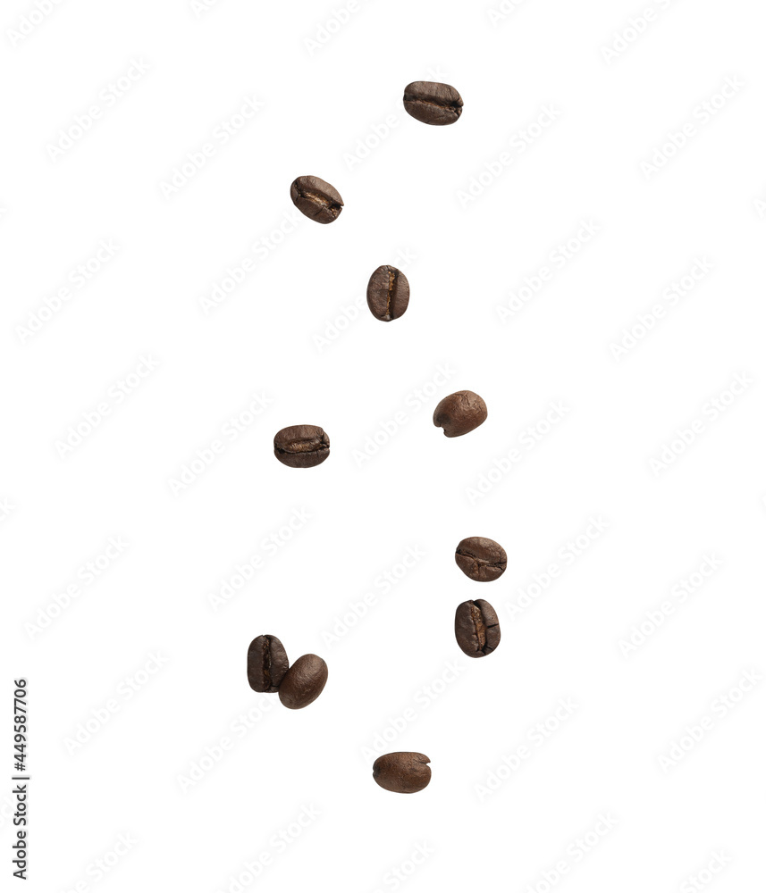 Coffee beans falling isolated on white background with clipping path. Coffee beans falling isolated on white background with clipping path.