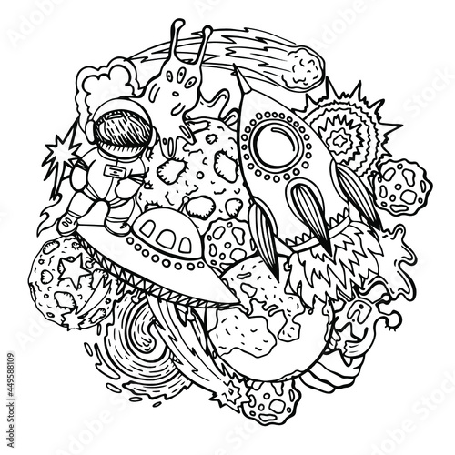 Cheerful vector hand drawn illustration about the adventures of an astronaut and aliens in space. Planets and spaceships with stars and galaxies in coloring book page