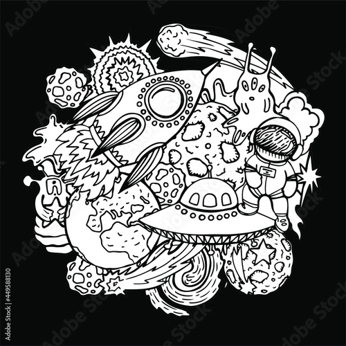 Cheerful vector hand drawn illustration about the adventures of an astronaut and aliens in space. Planets and spaceships with stars and galaxies in coloring book page