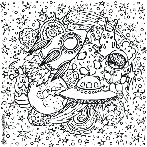 Cheerful vector hand drawn illustration about the adventures of an astronaut and aliens in space. Planets and spaceships with stars and galaxies in coloring book page