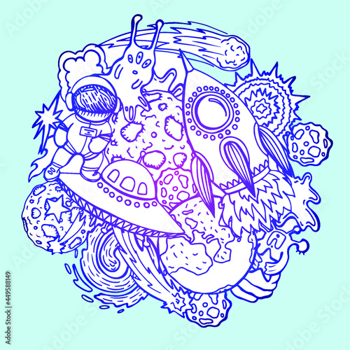 Cheerful vector hand drawn illustration about the adventures of an astronaut and aliens in space. Planets and spaceships with stars and galaxies in coloring book page