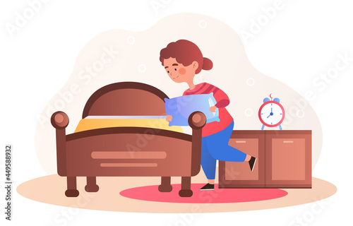 Kids doing housework chores at home, girl ready for bed, deep dream preparation, daytime or night sleep. Flat cartoon vector illustration concept realism design style isolated on white background.