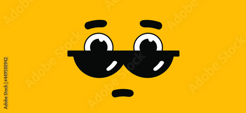 Emoticon, emoji face smiling and sunglasses. Cartoon vector cool sign for banner or card. Relaxing and chill, motivation and inspiration message. Comic sun glasses and astonish, astound, amaze express