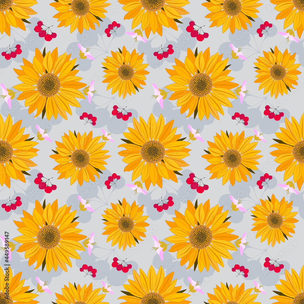 Orange sunflowers with flowers and berries on a gray background. Retro seamless background with sunflowers. For fabric, wrapping paper, cover. Orange sunflowers with flowers and berries on a gray background. Retro seamless background with sunflowers. For fabric, wrapping paper, cover.