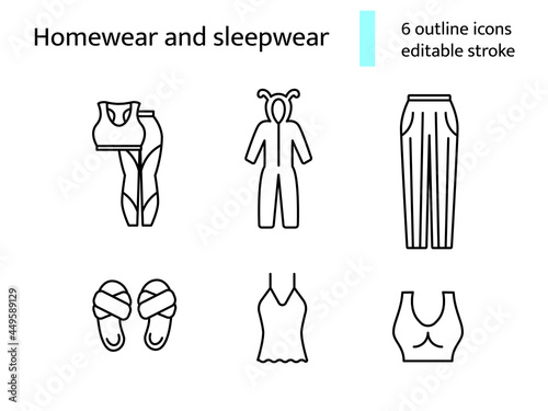 Cozy homewear and sleepwear outline icons set. Comfortable clothes. Editable stroke. Isolated vector stock illustration