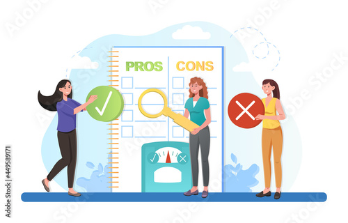 Pros and cons advantage comparison, decision making process, benefits evaluation in brainstorm research. Flat abstract metaphor cartoon vector illustration concept design isolated on white background