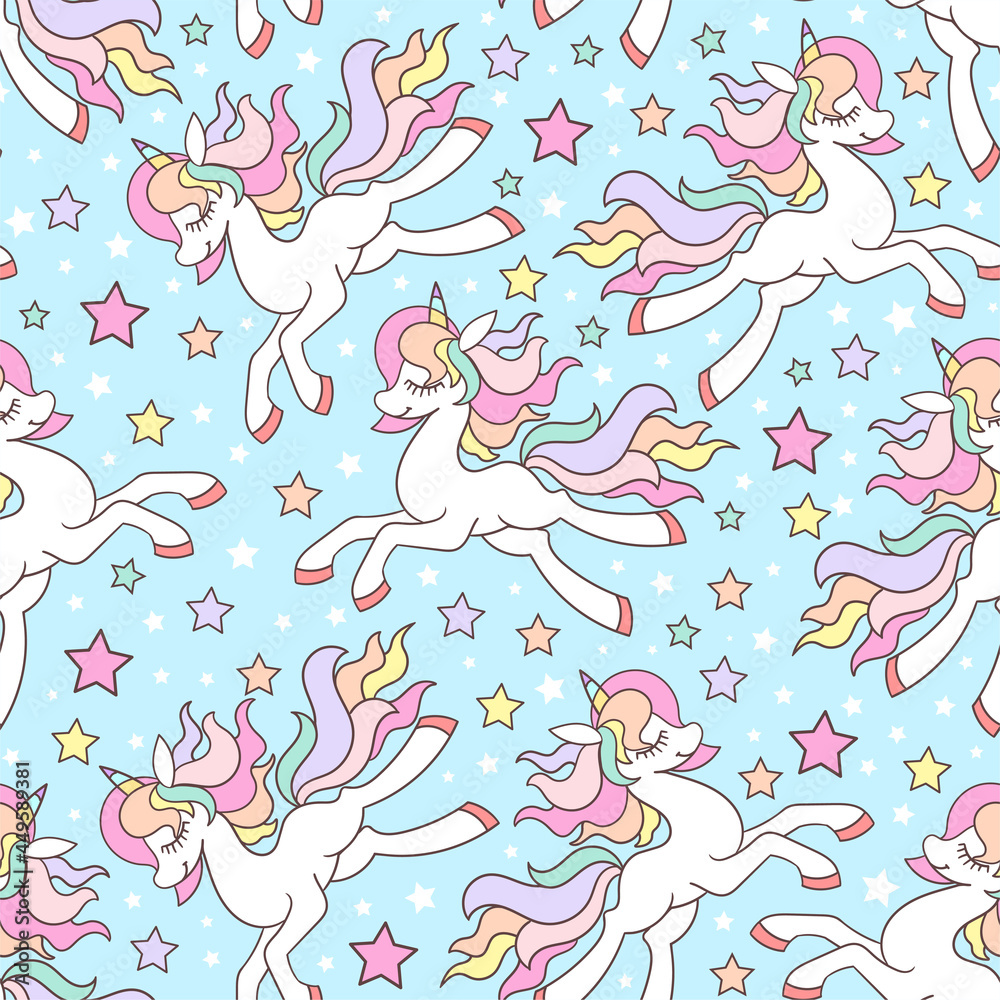 Seamless pattern with cartoon unicorns and stars. For children's design of backgrounds, wallpapers, fabrics, wrapping paper, scrapbooking. Vector