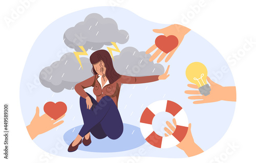People offer helping hand to depressed woman sit on puddle of tears, who refused from outsiders support. Flat abstract metaphor cartoon vector illustration concept design isolated on white background