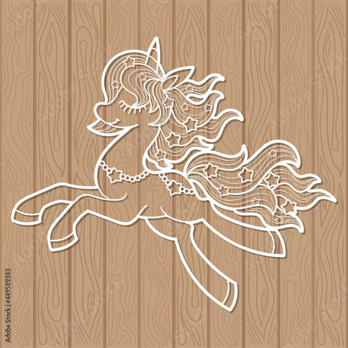 Magic unicorn. Template for laser cutting from any material. For children's design of jewelry, interior elements, decor, postcards and Vector etc.