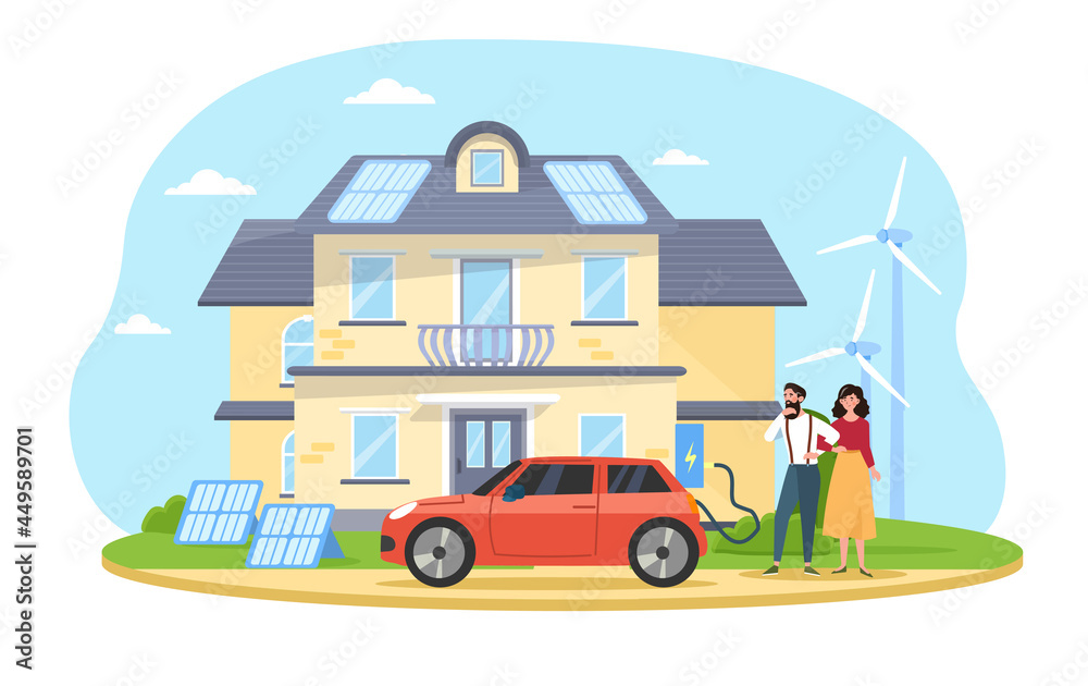 Obraz premium Smart house, green house, clean electric energy from renewable sources sun and wind charging electric car, eco lifestyle. Flat cartoon vector illustration concept design isolated on white background