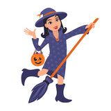 Caucasian woman with halloween pumpkin dressed as a witch. Flat style Illustration
