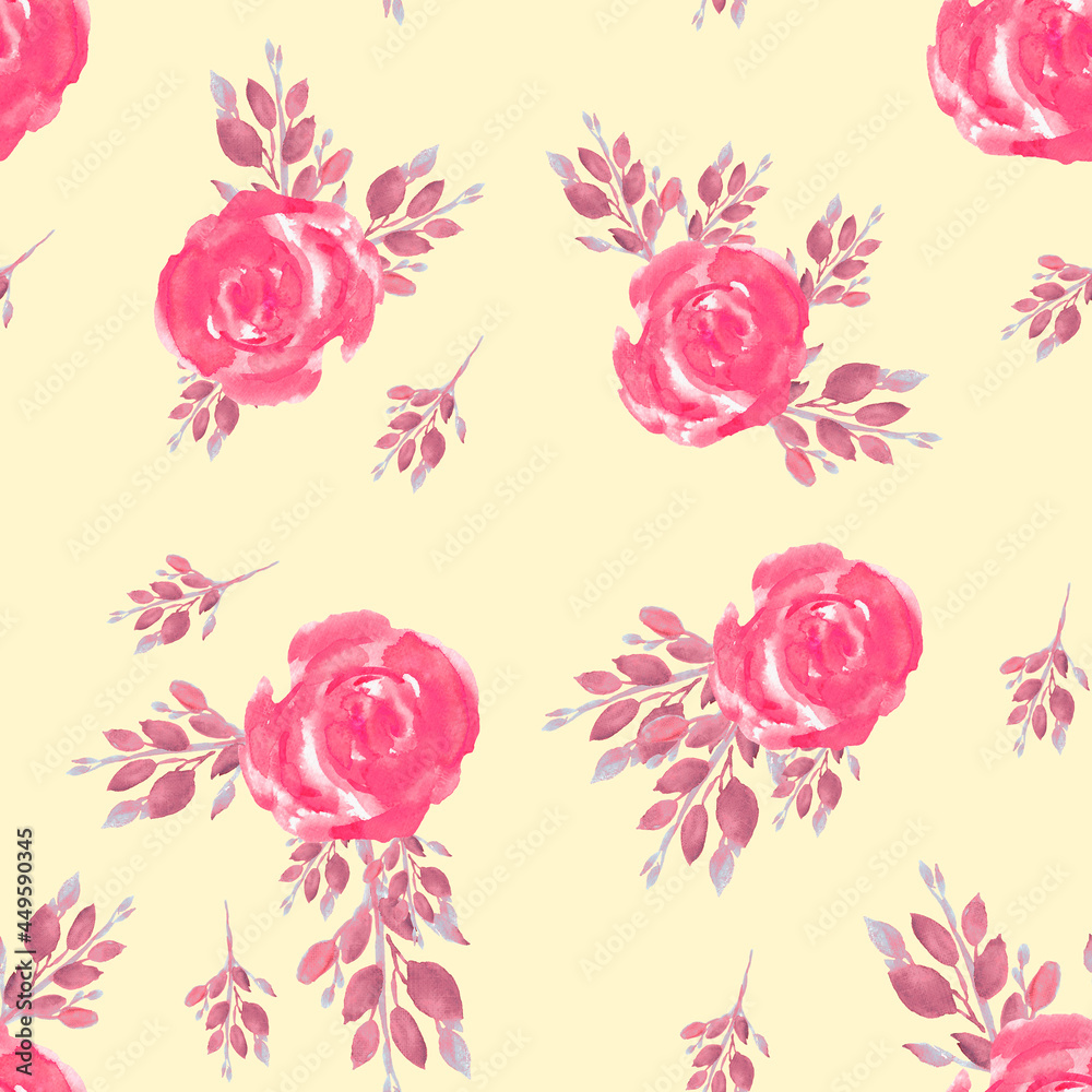 Seamless pattern with spring leaves and flowers. Roses in bloom. Watercolor hand drawn illustration.