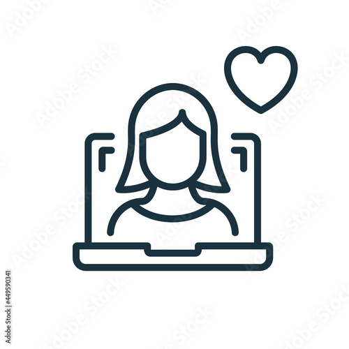Online Help Line Icon. Computer Psychologist Support and Therapy Online with Heart Linear Pictogram. Virtual Woman Operator Outline Icon. Donate Concept. Editable Stroke. Isolated Vector Illustration