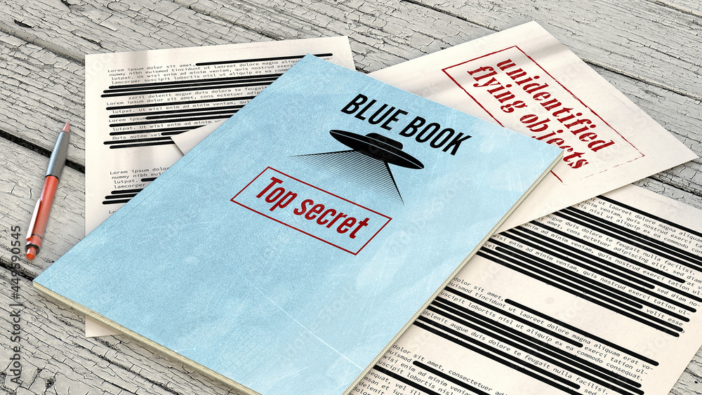 Project Blue Book was the code name for the systematic study of unidentified flying objects by the United States Air Force. Declassified documents and files, top secret files on a table. 3d rendering  - obrazy, fototapety, plakaty 