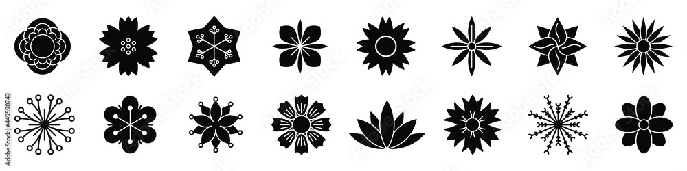 Flower icon. Set of black flower icons. Vector icons of different flowers. Vector illustration.
