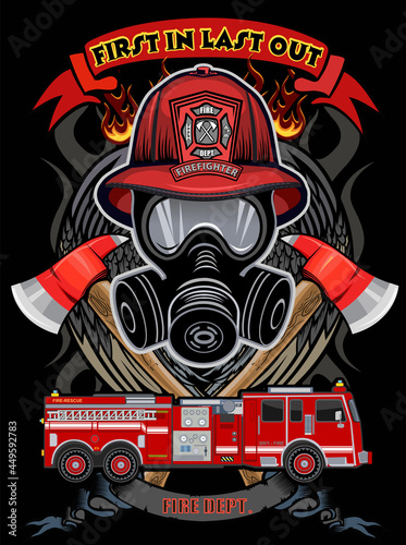 Vintage firefighter labels with crossed axes fireman in helmet.