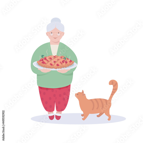 Cute gray-haired old woman is holding sweet cherry pie, there is fat red cat next to her. Concept of home comfort, kind grandmother and hospitality. Vector illustration isolated on white background.