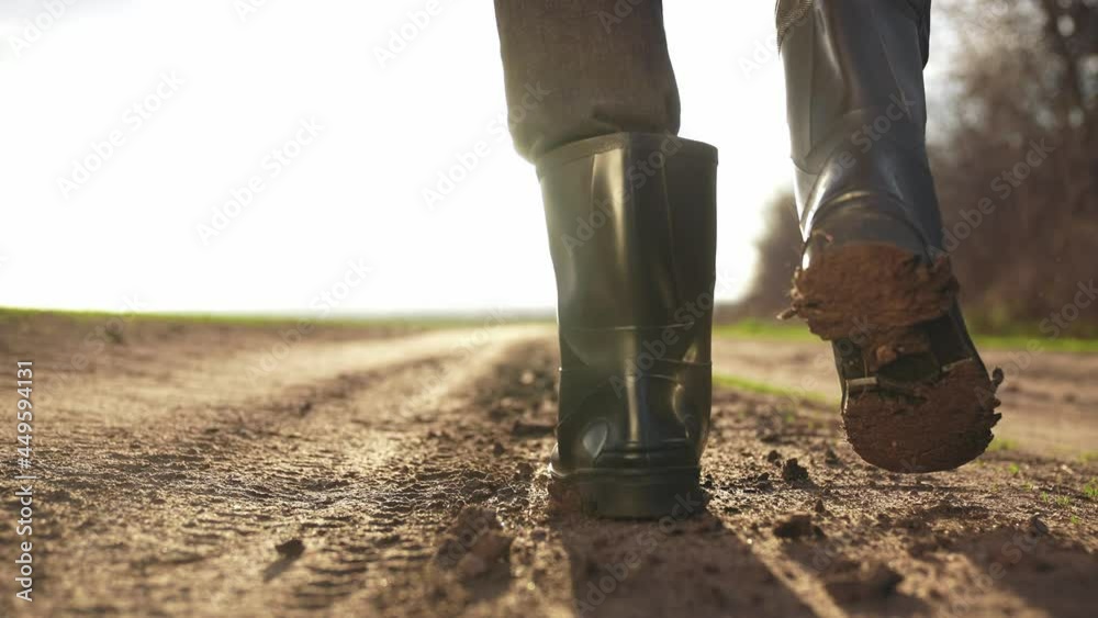 agriculture. man farmer in rubber a boots walk along road near a black field. man farmer worker walk home after harvesting end of the working day sunset feet in rubber boots agriculture agriculture. man farmer in rubber a boots walk along road near a black field. man farmer worker walk home after harvesting end of the working day sunset feet in rubber boots agriculture