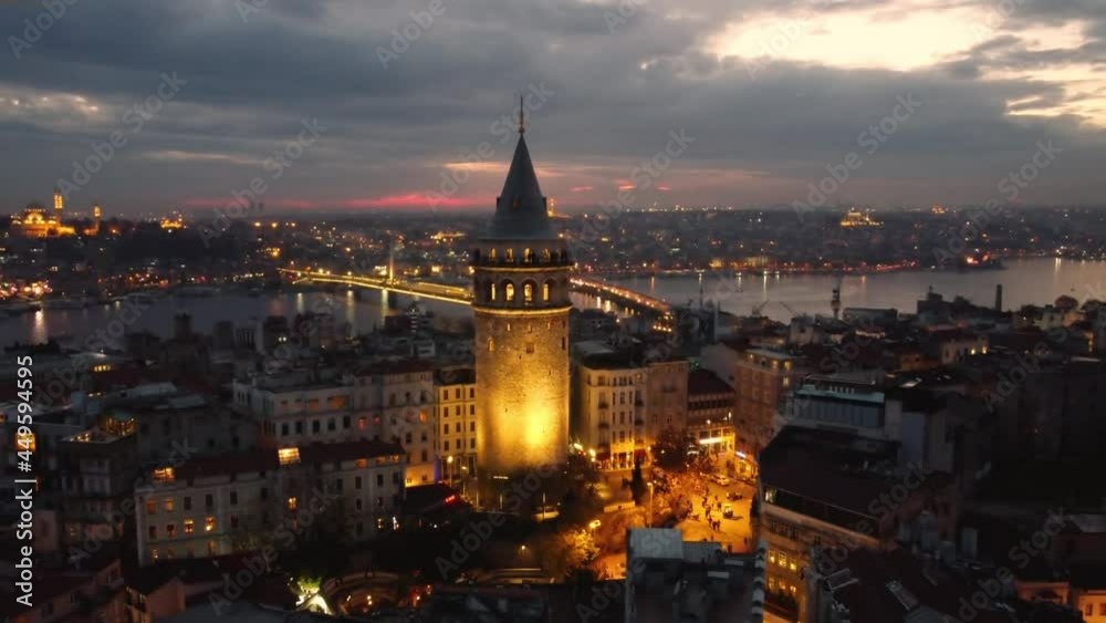 High angle view of illuminated Galata tower in Istanbul at night High angle view of illuminated Galata tower in Istanbul at night