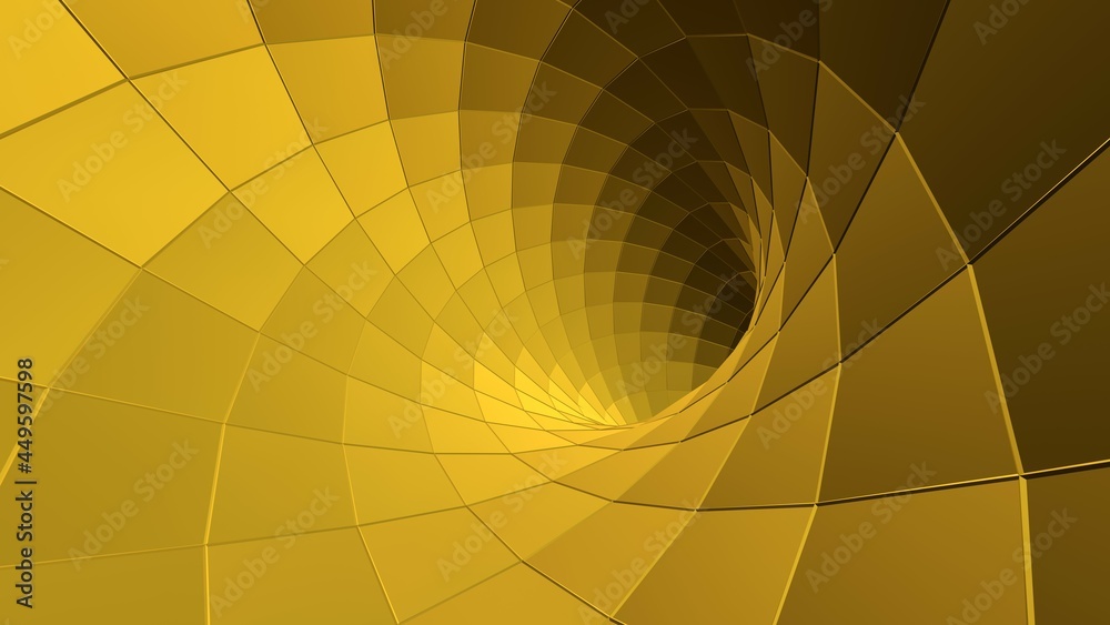 Fototapeta premium Gold tunnel funnel with tiles background. Abstract wormhole in 3d render digital twirl. Futuristic subspace acceleration pattern portal. Curved geometric warp jump hole