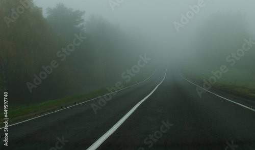 Paved road on an autumn foggy morning