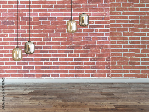empty house interior design and lamp on red stone brick wall. 3D illustration