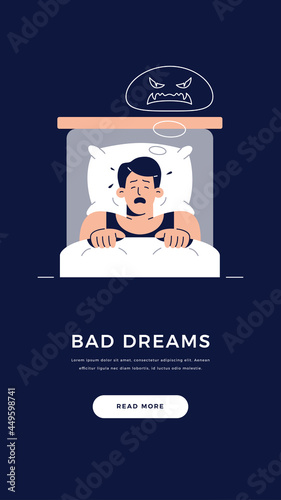 Nightmares in Adults banner. Frightened man character has a bad dream, is scared of monster from nightmare. Sleeping disorder, bad dream, adult nightmares concept for web.Flat vector illustration