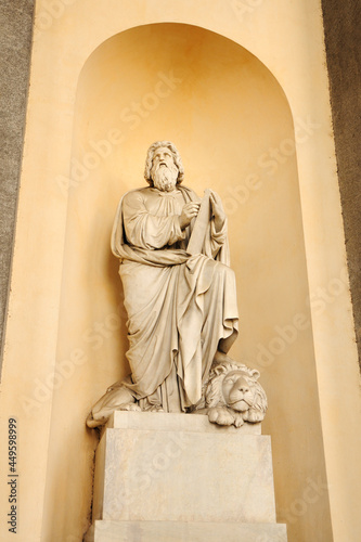 Sculptures at the entrance to Church Gran Madre di Dio. Piazza Gran Madre di Dio, Turin, Italy.