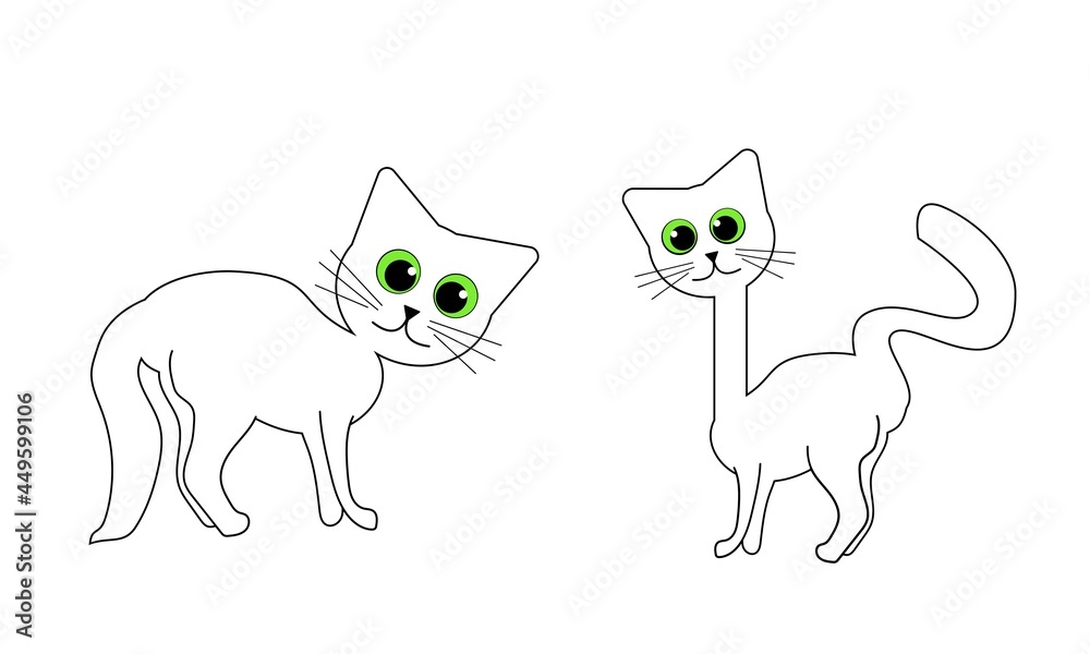 Minimalist black cats drawing set. Cat doodles. Card with cartoon animal. Cat Vector Icons, Cute Cartoon. Outline. With green eyes