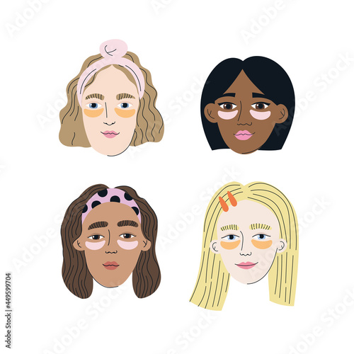 Every day skin care routine. Pretty girls with eye patches. Skin care concept. Cleansing, moisturizing, treating. Hand drawn vector illustration. Cartoon style. Flat design